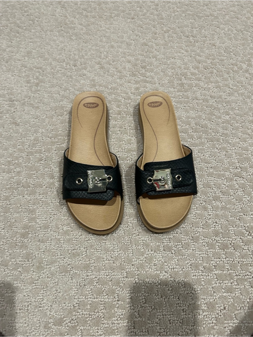 Dr. Scholls Black Slide Sandals with Silver Buckle - Women